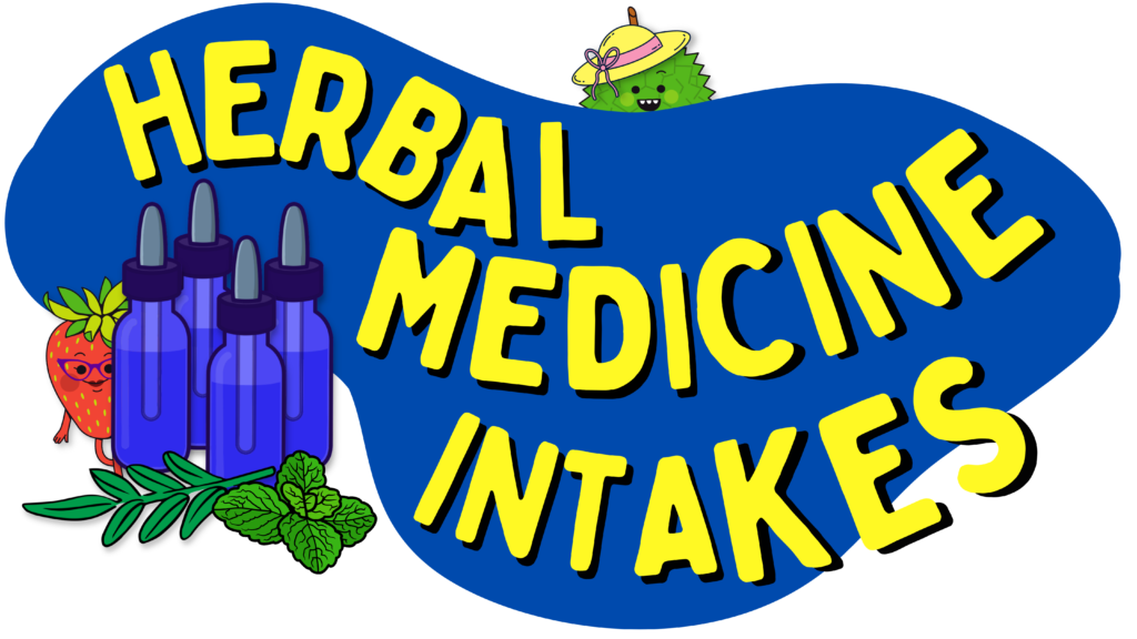 Herbal Medicine Intakes graphic. An illustration of a strawberry with glasses is peaking out from behind blue colored medicine dropper vials, mint and st. John's wort leaves. The vials are sitting to the bottom left of a dark blue blob with yellow, all caps text that reads " Herbal Medicine Intakes." A tiny jackfruit, wearing a tan sunhat, with a pink ribbon, is peaking out over top of the dark blue blob. 