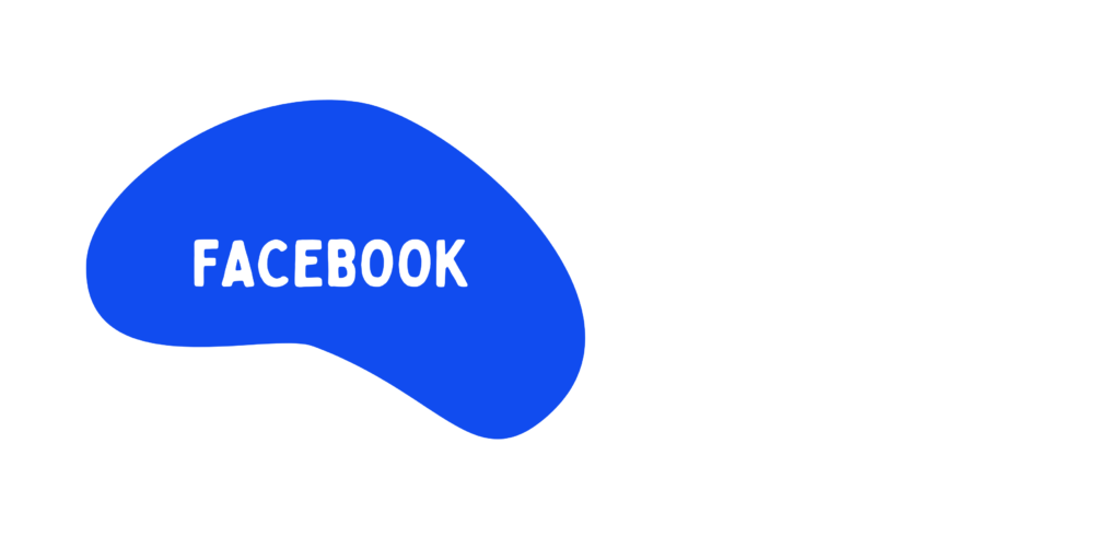 Facebook Link graphic. White, all caps text on a deep, blue bean-shaped blob reads "Facebook"