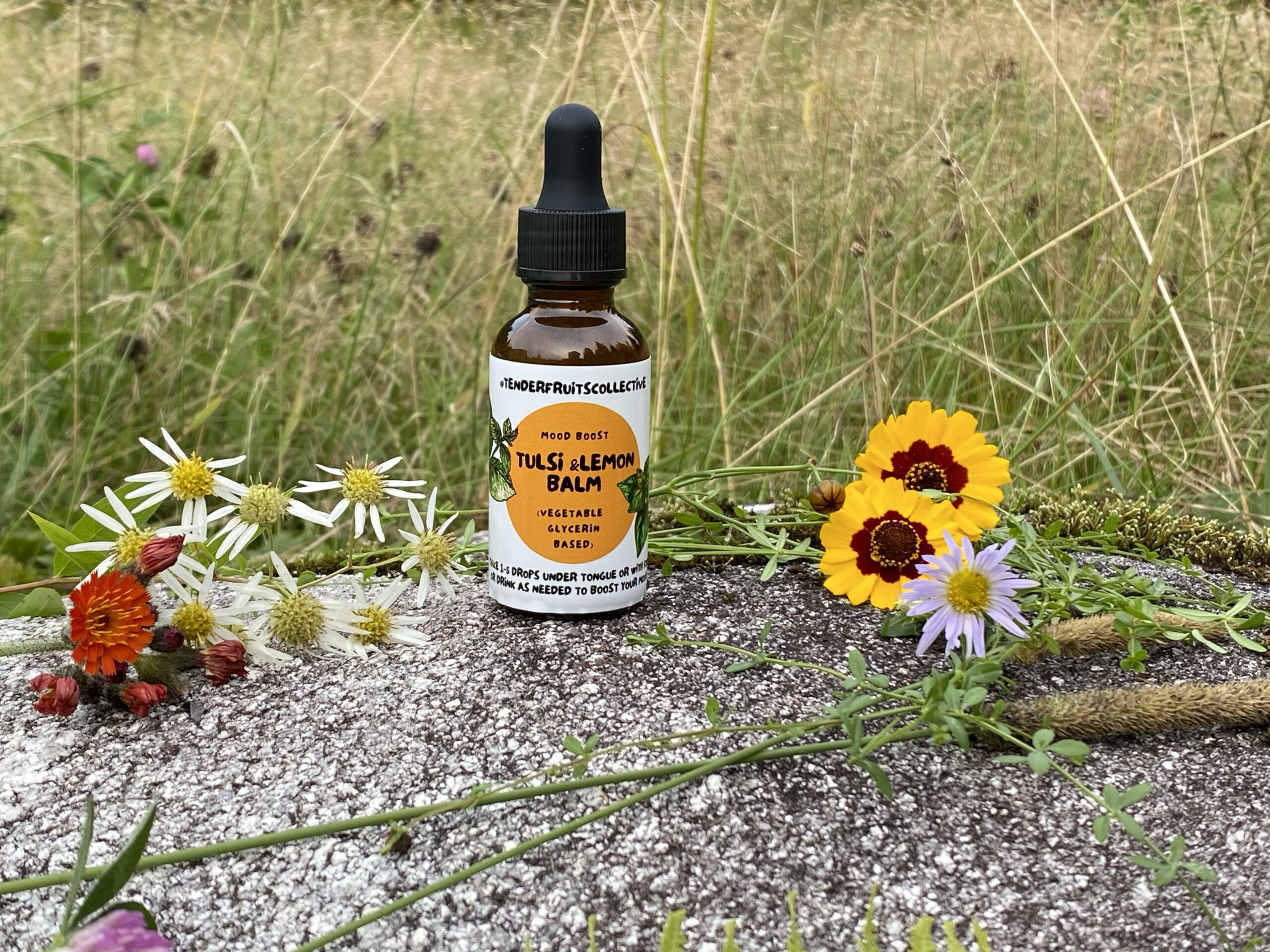 A photo of a 1 oz, amber-colored medicine vial, sitting on a speckled rock, surrounded by flowers. The vial had a Tender Fruits Collective label that says "Tulsi and Lemon Balm" in front of a mustard yellow circle. 