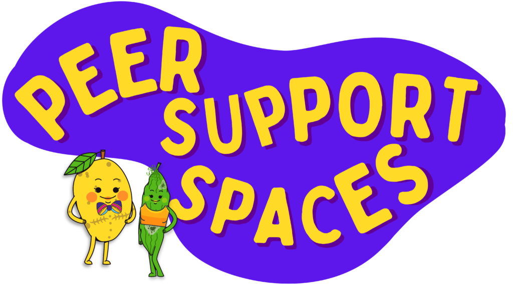 Peer support spaces graphic. An illustration of a mango wearing a colorful bow tie, whose bruising has creates a button down shirt pattern, as well as double mastectomy scars, and an illustration of a moldy, trans femme cucumber, wearing an orange tank top are standing to the bottom right of a dark purple blob with yellow, all caps text that reads "Peer support spaces"