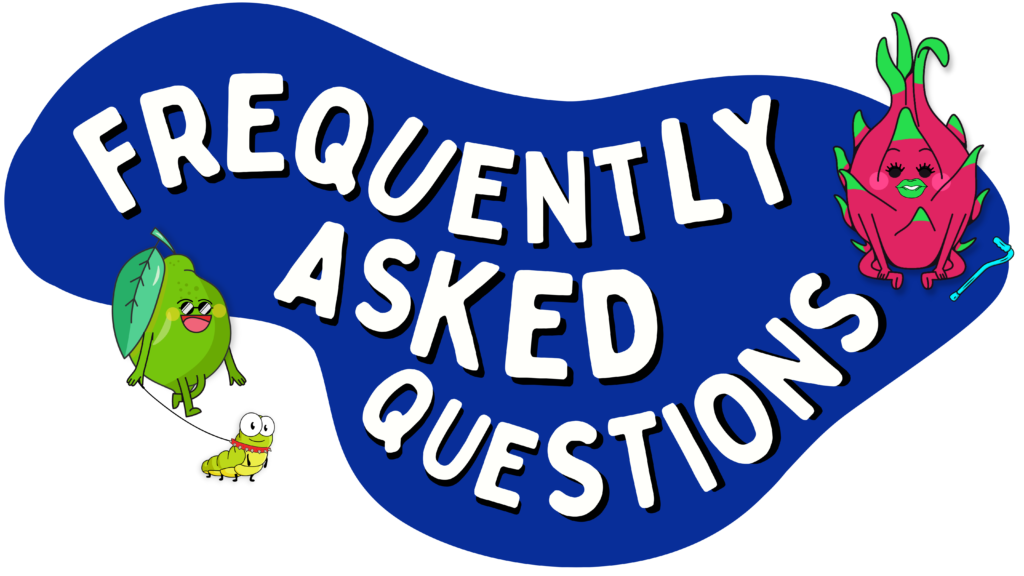 Frequently Asked Questions graphic. An illustration of a blind, smiling lime is walking with their seeing eye caterpillar, to the bottom left of a dark blue blob shape, with white all caps text that reads "Frequently Asked Questions" To the top right is an illustration of a sitting dragon fruit with green lips and eyelashes and a light blue walking cane.