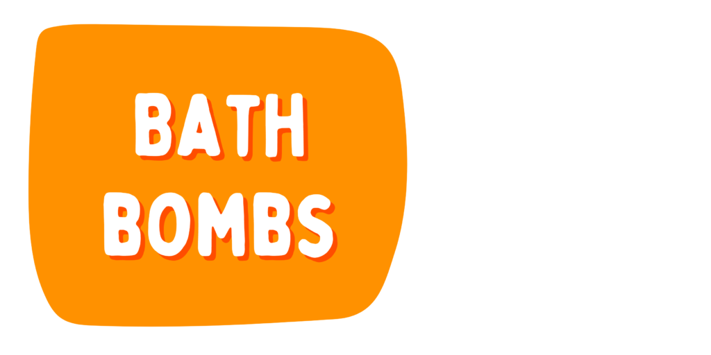 bath bombs graphic, an orange rectangle off shape with a white border and white all caps text that reads "bath bombs"