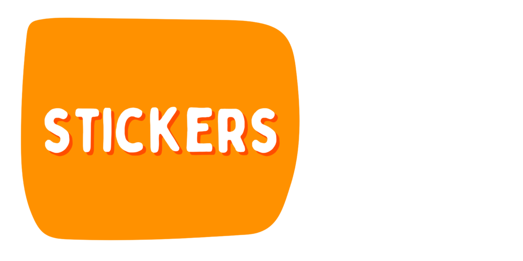stickers graphic, an orange rectangle off shape with a white border and white all caps text that reads "stickers"
