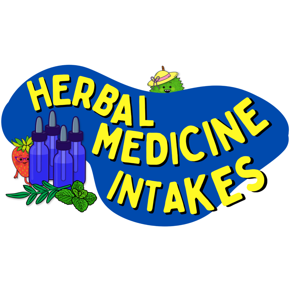 Herbal Medicine Intakes graphic. An illustration of a strawberry with glasses is peaking out from behind blue colored medicine dropper vials, mint and st. John’s wort leaves. The vials are sitting to the bottom left of a dark blue blob with yellow, all caps text that reads ” Herbal Medicine Intakes.” A tiny jackfruit, wearing a tan sunhat, with a pink ribbon, is peaking out over top of the dark blue blob.