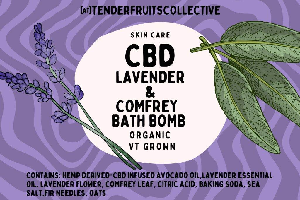 the label for the bath bomb. An illustration lavender on the left and comfrey on the right framing an off-white circle shape. The background is a wavy, light and dark purple alternating pattern background. Black text in front of the shape and background read " skin care/lavender and comfrey bath bomb/ organic/ VT grown" and the ingredients listed above.
