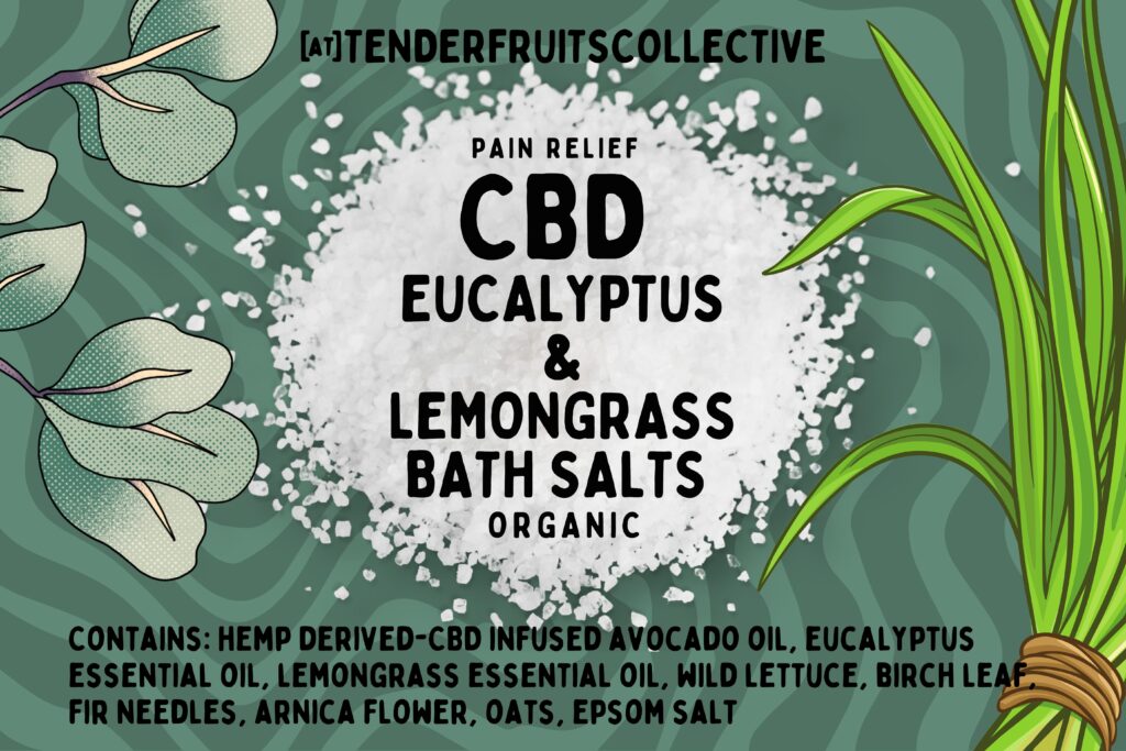 the label for the bath salt. An illustration eucalyptus on the left and lemongrass on the right framing a pile of salt The background is a wavy, light and dark green alternating pattern background. Black text in front of the shape and background read " pain relief/C.B.D. eucalyptus and lemongrass bath bomb/ organic" and the ingredients listed above.