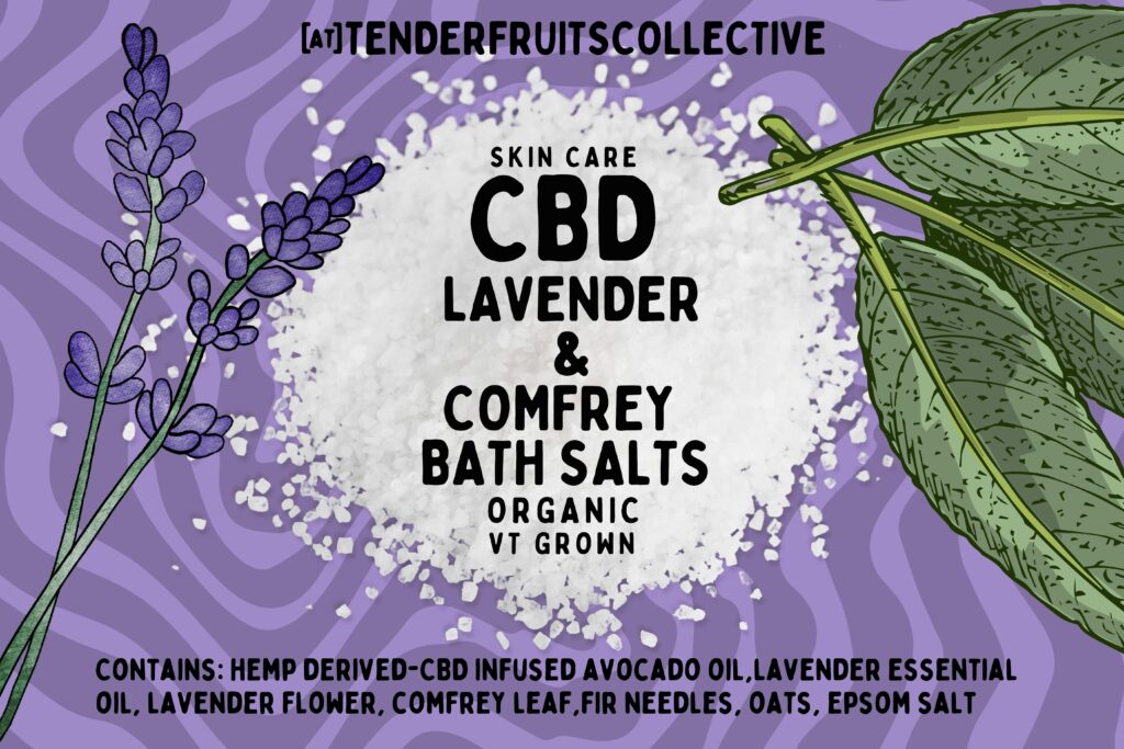 the label for the bath salt. An illustration lavender on the left and comfrey on the right framing an off-white circle shape. The background is a wavy, light and dark purple alternating pattern background. Black text in front of the shape and background read " skin care/lavender and comfrey bath bomb/ organic/ VT grown" and the ingredients listed above.